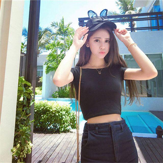 黒の短いtシャツ女性の夏の綿のへそ出し半袖です 人気総合 レディース