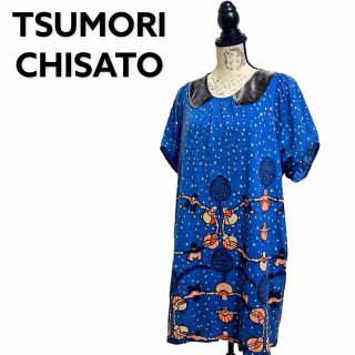 ツモリチサト(TSUMORI CHISATO)の【廃盤】ツモリチサト 総柄 ワンピース レディース 2 M 丸襟 ブルー レトロ(ひざ丈ワンピース)