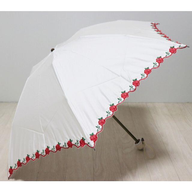 LULU GUINNESS(ルルギネス)の新品【ルルギネス】晴雨兼用折り傘 綿生地 綺麗な薔薇フリル刺繍 白 日傘 レディースのファッション小物(傘)の商品写真