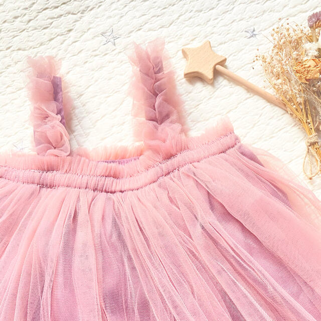 チュールワンピース　100 ピンク　シフォンワンピース　誕生日　記念日 キッズ/ベビー/マタニティのキッズ服女の子用(90cm~)(ワンピース)の商品写真