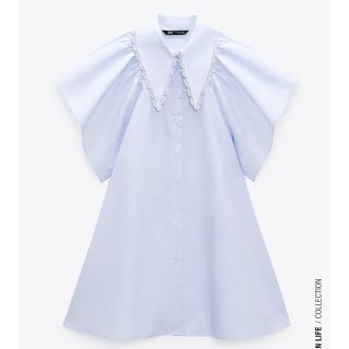 ザラ(ZARA)のZARA ザラ ピーターパンカラー ポプリン フリル ミニ ワンピース(ミニワンピース)