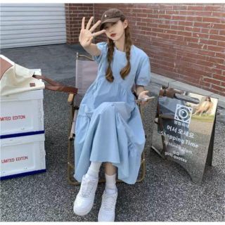 【新品】レディースパフスリーブロングワンピース　シンプル　半袖　韓国　Haru(ロングワンピース/マキシワンピース)