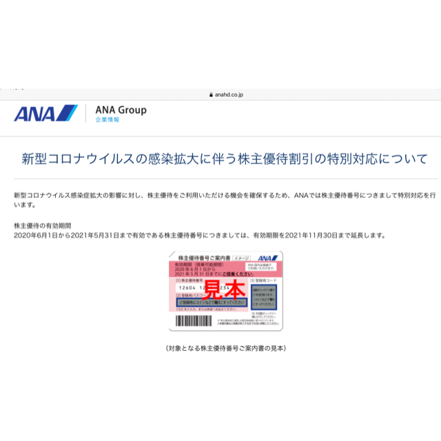 ANA(全日本空輸)(エーエヌエー(ゼンニッポンクウユ))のANA 株主優待券　複数枚購入可（在庫次第）　2021年11月30日搭乗まで  チケットの優待券/割引券(その他)の商品写真