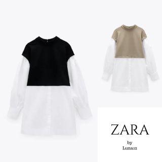 ザラ(ZARA)のzara コントラスト素材ポプリントップス　ブラック(シャツ/ブラウス(長袖/七分))