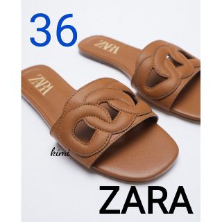 ザラ(ZARA)のZARA　(36 ブラウン)　フラットテクスチャーレザーサンダル(サンダル)