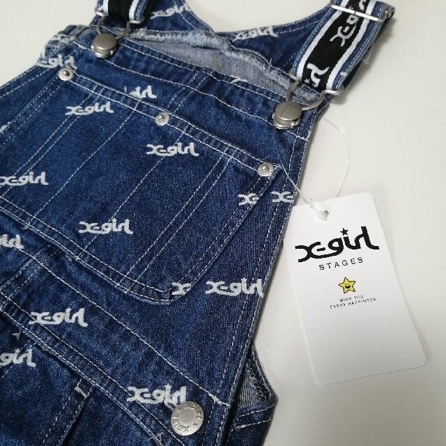 X-girl Stages(エックスガールステージス)のxgirl states デニムサロペット キッズ/ベビー/マタニティのキッズ服女の子用(90cm~)(ワンピース)の商品写真