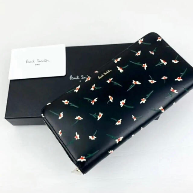 ポールスミス Paul Smith 長財布 花柄 黒 財布 ラウンドファスナー