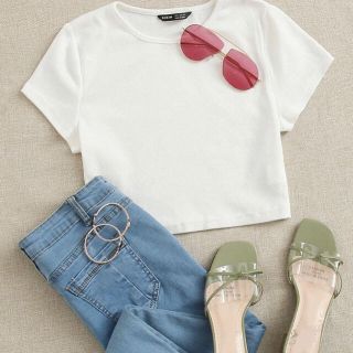 SHEIN リブ素材 クロップドTシャツ(Tシャツ(半袖/袖なし))