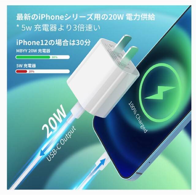 iphone 充電器 20W【 2個セット ケーブル2m】 USB-C 充電器 スマホ/家電/カメラのスマホアクセサリー(その他)の商品写真