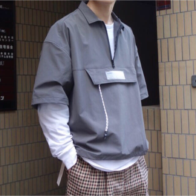 JieDa HALF ZIP S/S SHIRT GREY 1ビッグシルエット