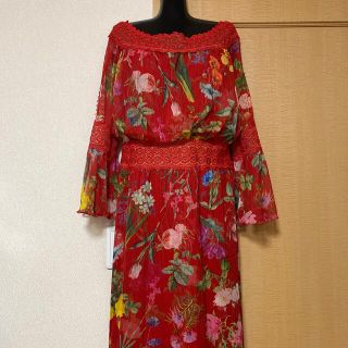タダシショウジ(TADASHI SHOJI)のタダシショージ　赤　シースルードレス　花柄　サイズ6(ロングワンピース/マキシワンピース)
