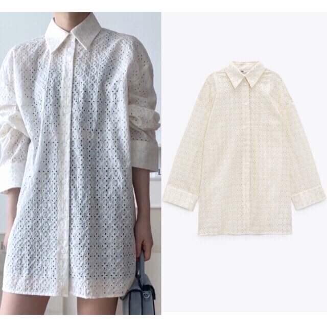 ZARA(ザラ)の新品 ZARA カットワーク刺繍オーバーサイズシャツ Sサイズ レディースのトップス(シャツ/ブラウス(長袖/七分))の商品写真