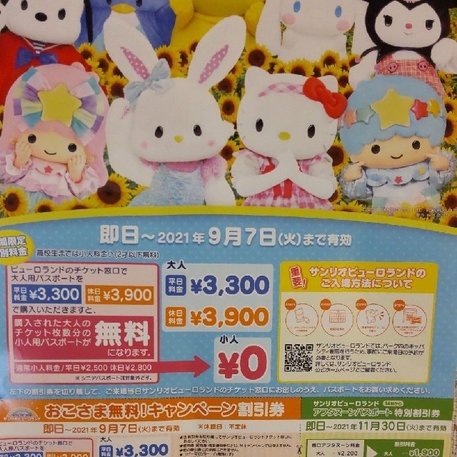 サンリオ　ピューロランド　子供無料券 チケットの施設利用券(遊園地/テーマパーク)の商品写真