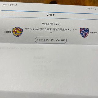 8月25日ベガルタ仙台対FC東京自由席南(サッカー)