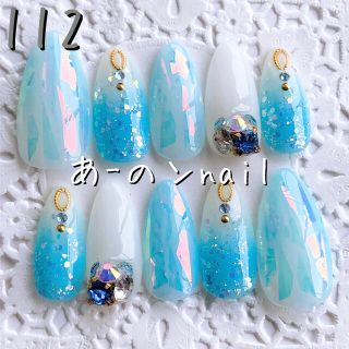 112番☆ネイルチップ 水色グラデーションニュアンスキラキラビジューストーン夏 コスメ/美容のネイル(つけ爪/ネイルチップ)の商品写真