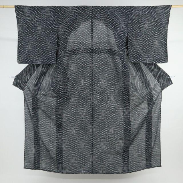 夏着物*東京染小紋 絽 幾何学花模様 黒色 普段着や街着に♪ 5KB36