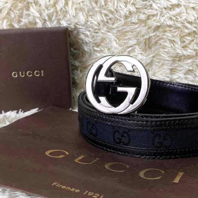 Gucci - 【美品】GUCCI ベルト レザー GG インターロッキング シルバー