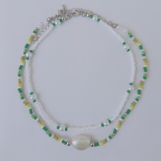hand made beads necklace mix color×green(ネックレス)