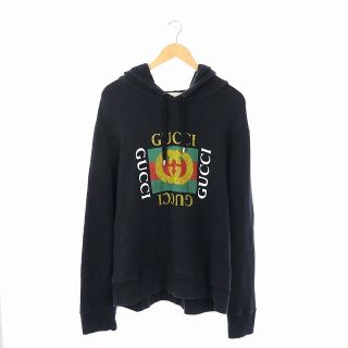 グッチ(Gucci)のグッチ ヴィンテージ加工 オールドロゴ パーカー L 黒 ブラック(パーカー)