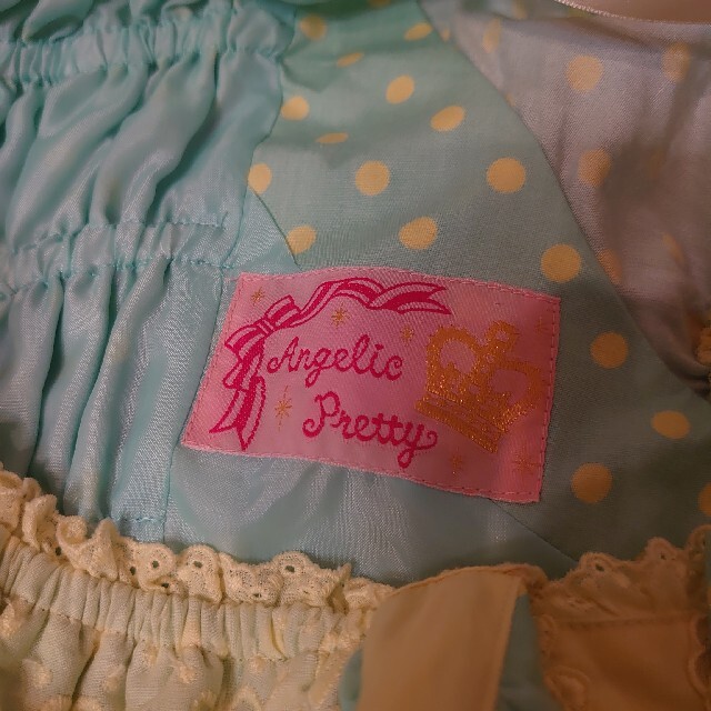 Angelic Pretty(アンジェリックプリティー)のアンジェリックプリティ初版レア！裾ハートアップリケ、ミント水玉配色ワンピース レディースのワンピース(ひざ丈ワンピース)の商品写真