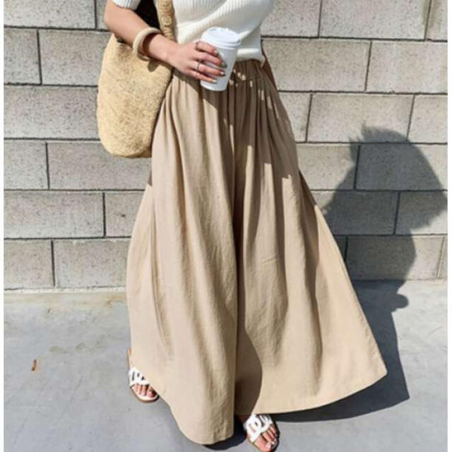 ベージュ】新品 ワイドパンツ ガウチョパンツ スカーチョ フレアパンツ