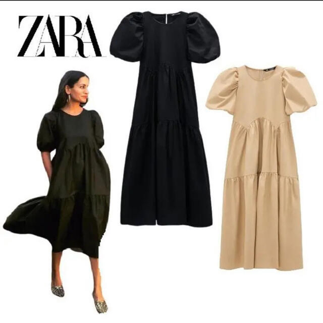 【ZARA】ミディ丈ボリュームスリーブワンピース　キャメル  M  新品