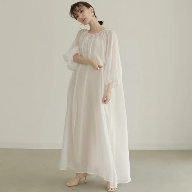 Louren chiffon gather flare dress white - ロングワンピース/マキシ