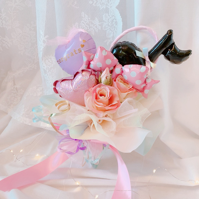 　ハートフレームブーケ　ドットリボン　チュール　音符♪ お花とバルーン　薔薇　 ハンドメイドのフラワー/ガーデン(その他)の商品写真