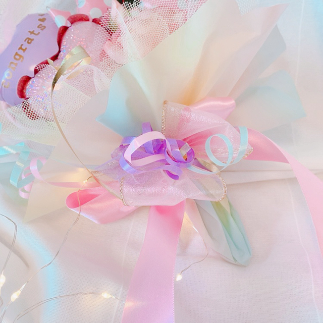 　ハートフレームブーケ　ドットリボン　チュール　音符♪ お花とバルーン　薔薇　 ハンドメイドのフラワー/ガーデン(その他)の商品写真