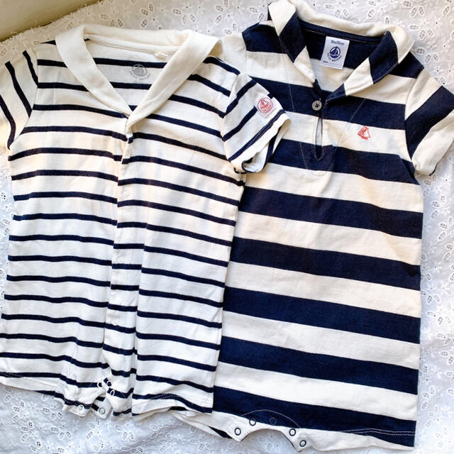 PETIT BATEAU(プチバトー)の【プチバトー】ボーダーロンパース 2枚セット セーラー 18m/81cm 男女 キッズ/ベビー/マタニティのベビー服(~85cm)(ロンパース)の商品写真