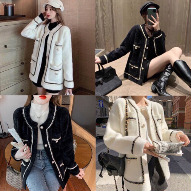 ZARA(ザラ)のバイカラージャケット　ニットトップス　カーディガン　ポケット　パール　ツイード レディースのトップス(ニット/セーター)の商品写真