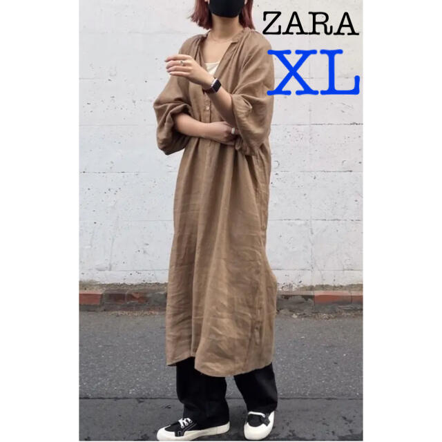 新品ZARA リネン地ミディ丈ワンピースXL