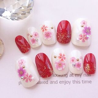 ZOO様専用◆やすり◆赤と淡いピンクと紫の桜と赤の和柄のネイルチップ◆72 
