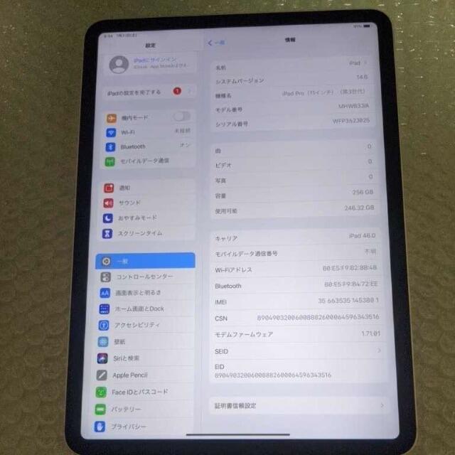 美品 simフリー 第3世代 ipad pro 11インチ 256gb