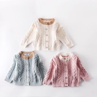 韓国子供服 ベビー服 ケーブル網 バイカラー ニット カーディガン (カーディガン)