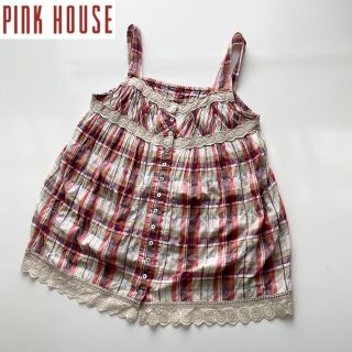 ピンクハウス(PINK HOUSE)のPINK HOUSE カットワークレースキャミソールブラウス レッド系チェック(シャツ/ブラウス(半袖/袖なし))