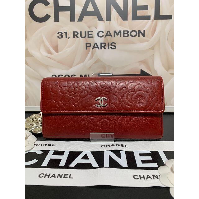 ☆正規超美品☆CHANEL　カメリア　ラムスキン　フラップ長財布　人気のレッド♪