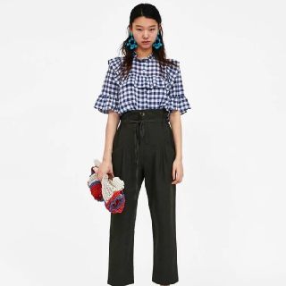 ザラ(ZARA)のZARA スタンドカラー リネン ギンガムチェック フリル ブラウス(シャツ/ブラウス(半袖/袖なし))