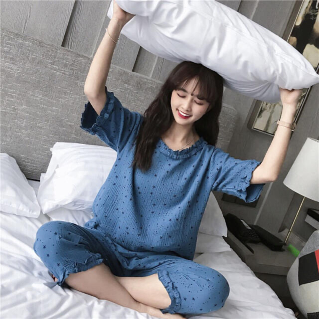 98七分丈レディースダブルガーゼパジャマかわいい星柄部屋着柄ピンクM L Xl