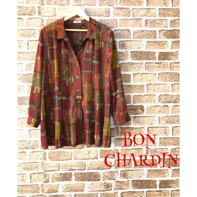 【希少】❤BON CHARDIN❤ シャツ ブラウス 赤 〈M〉プリーツ レトロ レディースのトップス(シャツ/ブラウス(長袖/七分))の商品写真