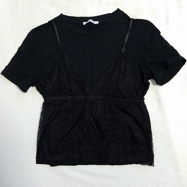 ZARA(ザラ)のZARA キャミソール付Tシャツ レースキャミソール ザラ レディースのトップス(Tシャツ(半袖/袖なし))の商品写真