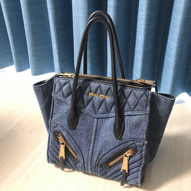 【Miu Miu　デニム バイカー レザー トートバッグ ブルー 正規品保証】