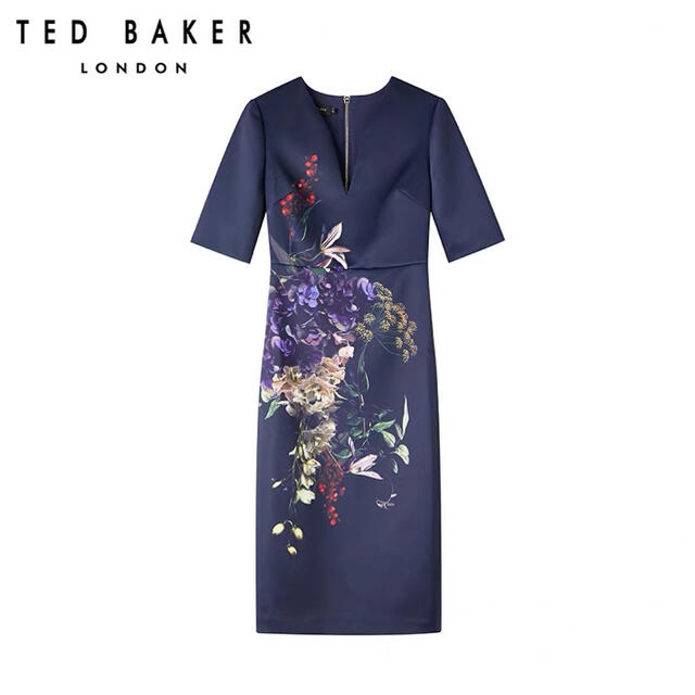 TED BAKER(テッドベイカー)の❤️Ted baker 2021 新作新品　紺花柄ワンピース　オシャレ綺麗 レディースのワンピース(ひざ丈ワンピース)の商品写真