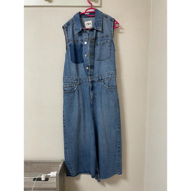 ダークブラウン 茶色 ZARA ワンピース デニム アシンメトリー 通販 ZARA Vネックデニムロングワンピース(半袖) M