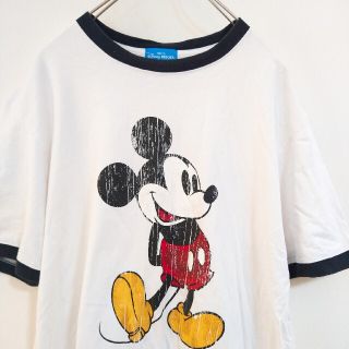 ディズニー(Disney)の良品　ディズニー　リンガー　トリム　かすれプリント　ユニセックス　ミッキー(Tシャツ/カットソー(半袖/袖なし))