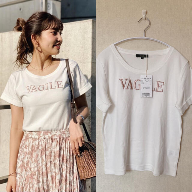 rienda(リエンダ)の新品タグ付き　rienda ロゴＴシャツ　ホワイト　白　VAGILE レディースのトップス(Tシャツ(半袖/袖なし))の商品写真