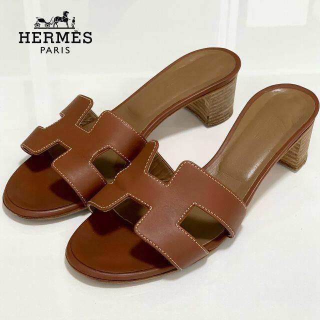 HERMES オアジス Hサンダル ミュール ウッドソール レザーブラウン-