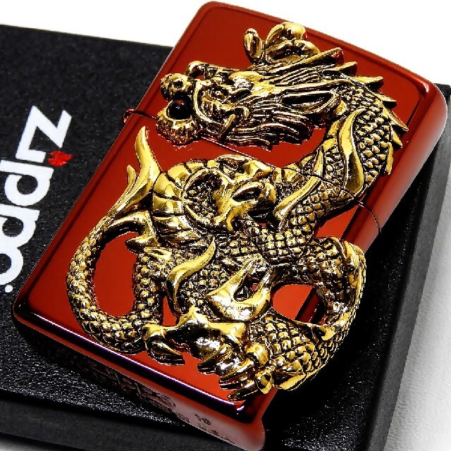 ZIPPO(ジッポー)の◇ZIPPO◇限定ドラゴンメタル◇天然オニキス 二面連続メタル◇レッド◇ジッポ メンズのファッション小物(タバコグッズ)の商品写真