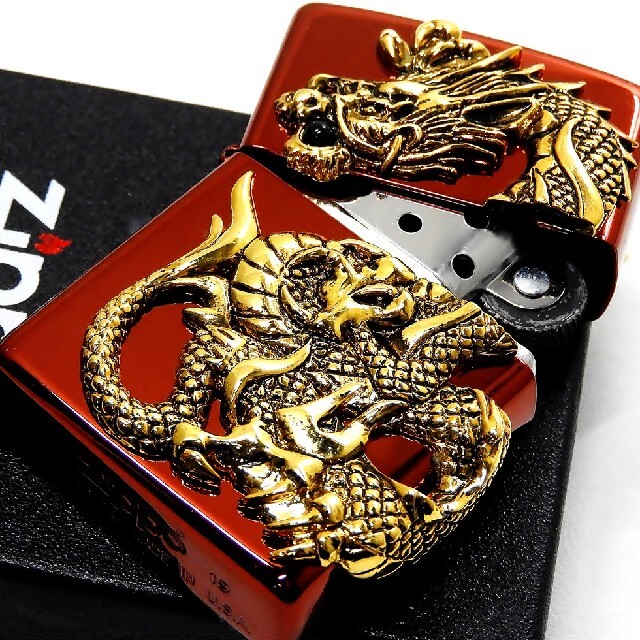 ZIPPO(ジッポー)の◇ZIPPO◇限定ドラゴンメタル◇天然オニキス 二面連続メタル◇レッド◇ジッポ メンズのファッション小物(タバコグッズ)の商品写真