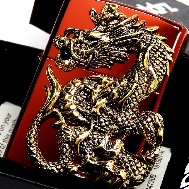 ◇ZIPPO◇限定ドラゴンメタル◇天然オニキス 二面連続メタル◇レッド◇ジッポ